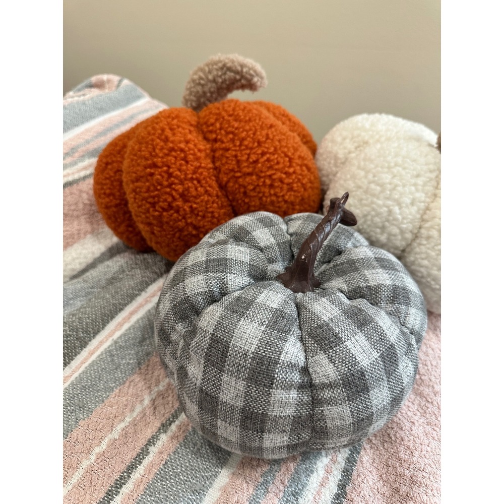 Set of 3 Decorative Pumpkins Sherpa and Plaid Fall Autumn Decor Orange Gray - Picture 2 of 8